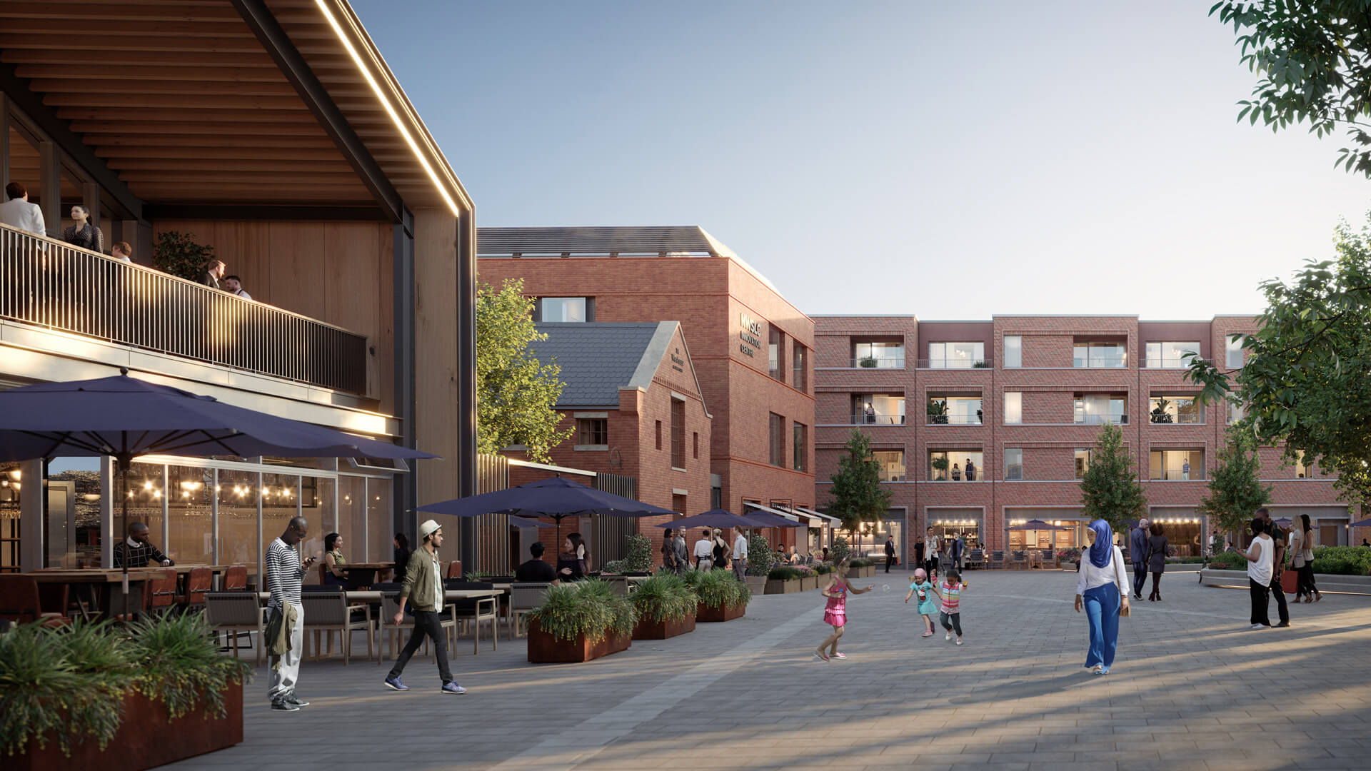 Full image for From left to right: Food hall, Digital Skills and Innovation Centre and town centre apartments