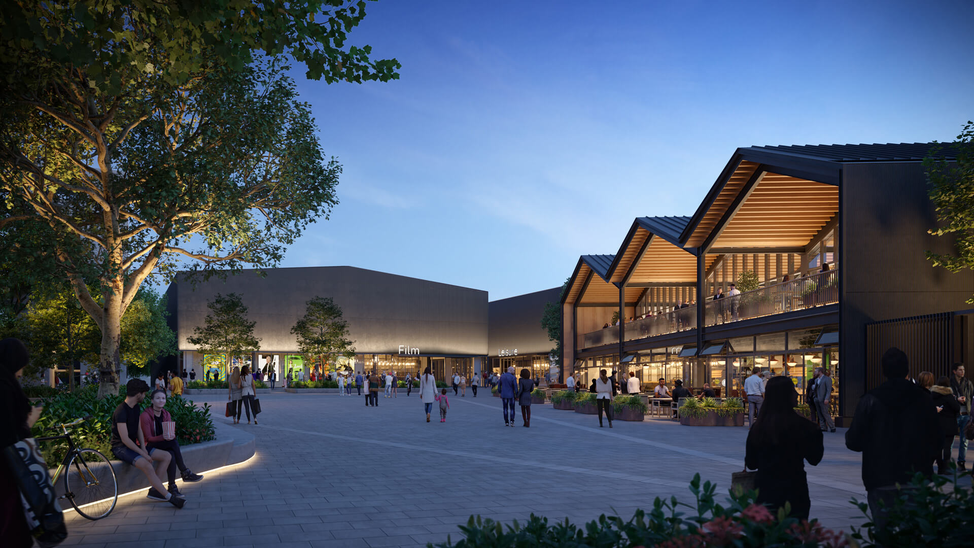 Full image for Food hall in the foreground, with cinema and entertainment centre in the background