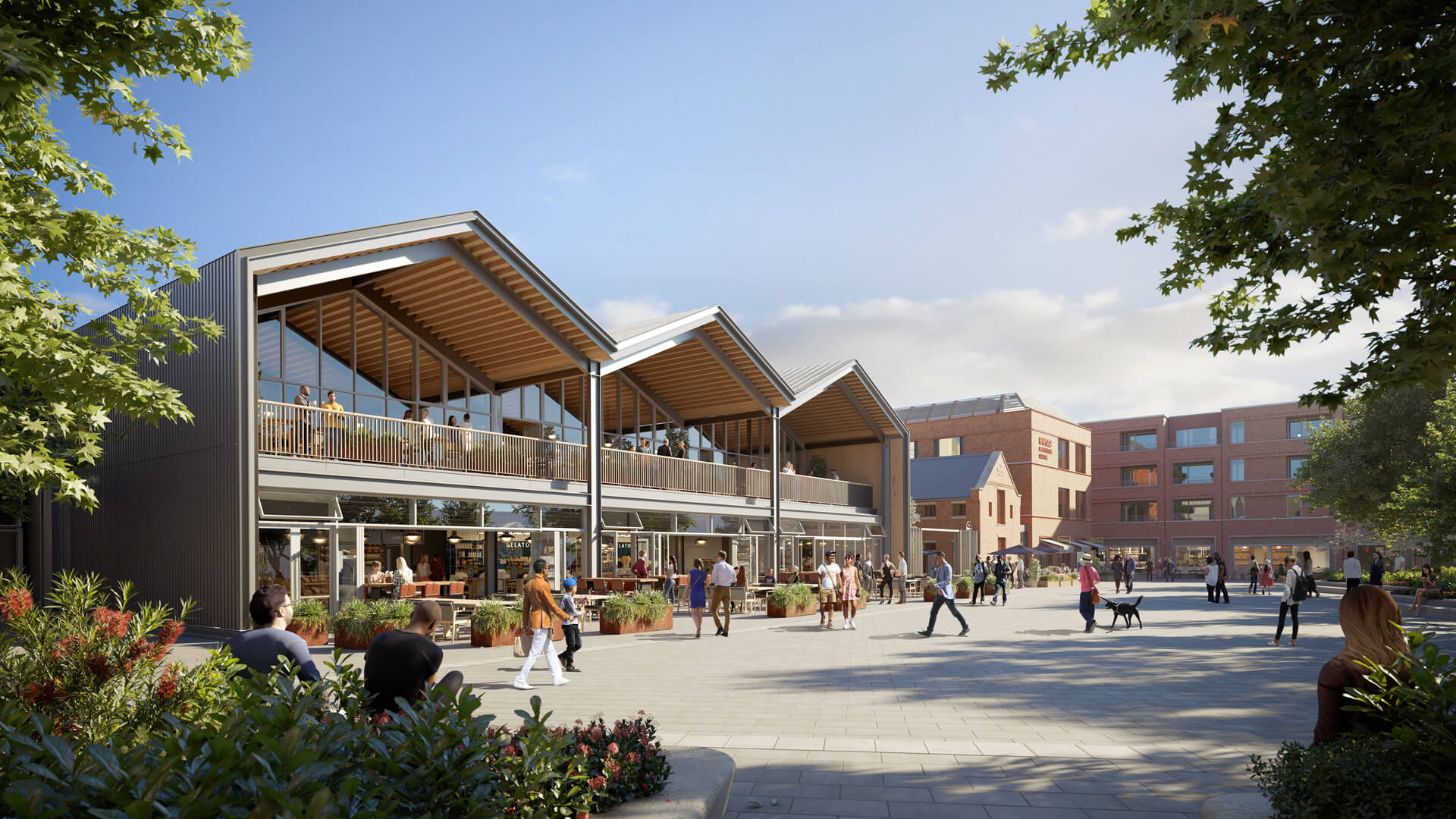 Full image for Public space looking towards the Food hall, Digital Skills and Innovation Centre and town centre apartments